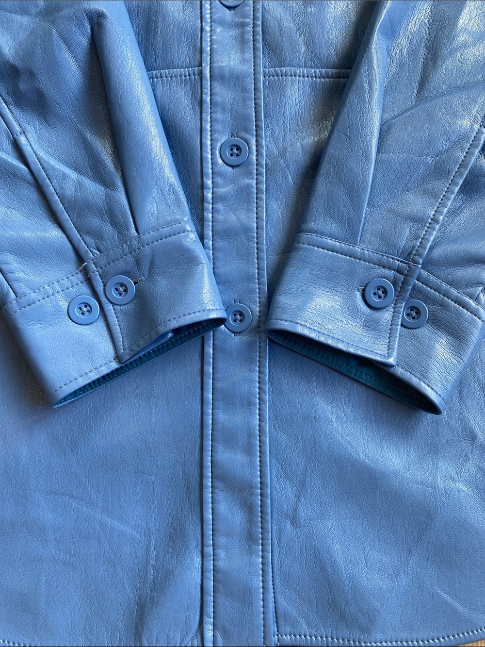 Aritzia Babaton Blue Vegan Leather Button Up Shirt Jacket Medium - Picture 5 of 14